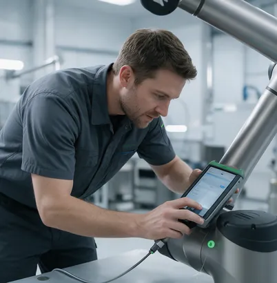 Técnico configurando un robot colaborativo con una tablet
